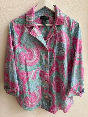 Lauren Ralph Lauren Pink and Teal Paisley Monogram Button-Up Cotton Shirt